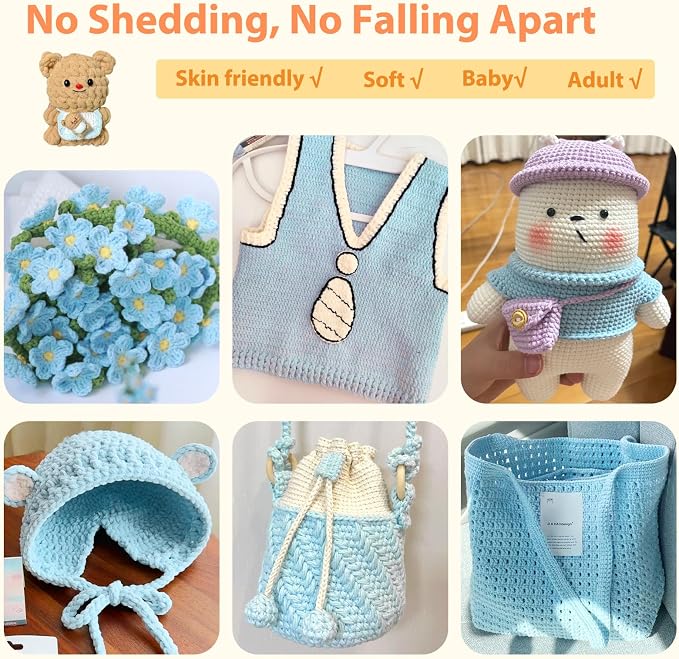 Coopay Chenille Yarn for Crochet, Medium Weight Yarn CYC #4, Blue | Crochet Yarn Set - 400g Total, Soft Velvet Yarn for Colorful Crafts, Blankets, Plush Dolls, Decorative Handmade Works
