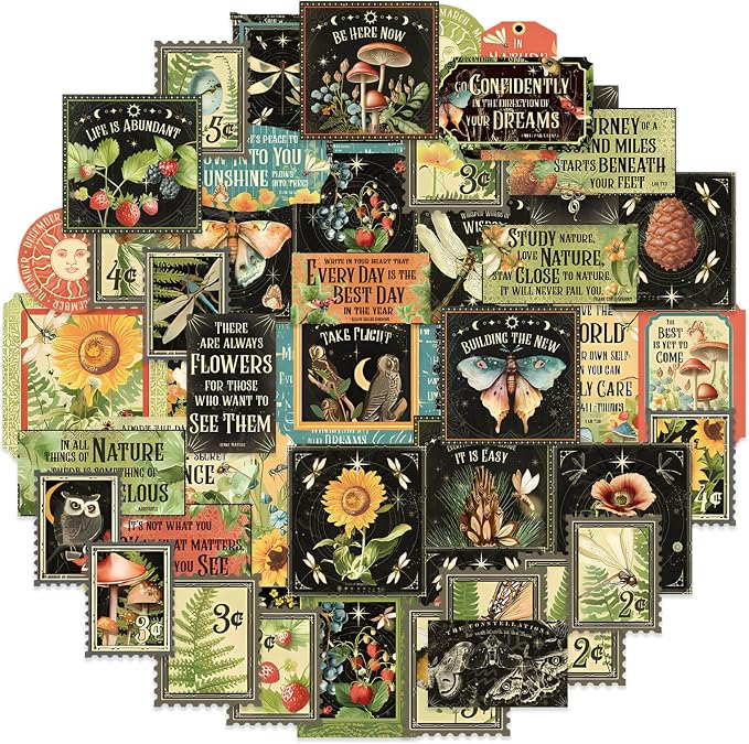 Bomichi 100 Pcs Postage Stamp Stickers, Aesthetic Insect Plants Decorative Stickers for Scrapbooking Bullet Journaling Planners DIY Calendars Notebook Junk Journal