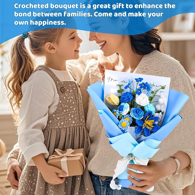 Iuuidu Crochet Kit, Flower Bouquet Crochet Kit for Beginners Blue