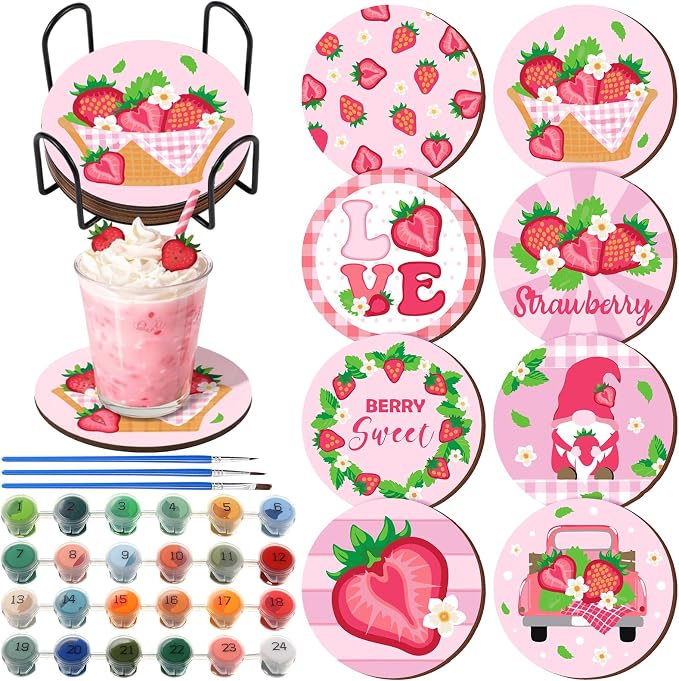 Reallnaive 8 Pcs Strawberry Paint by Numbers Kit for Adults Wooden Coasters | Mini Paint by Numbers, Tiny Pink Gnome Round Oil Painting Drink Coaster with Holder, for Small DIY Craft Birthday Gift