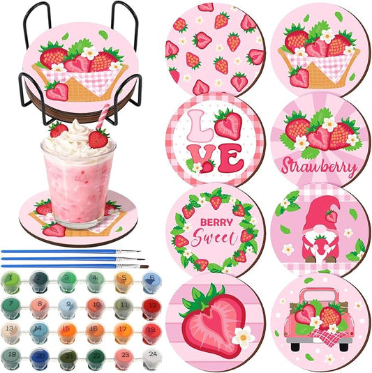 Reallnaive 8 Pcs Strawberry Paint by Numbers Kit for Adults Wooden Coasters | Mini Paint by Numbers, Tiny Pink Gnome Round Oil Painting Drink Coaster with Holder, for Small DIY Craft Birthday Gift