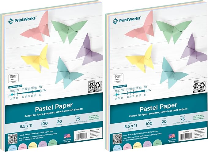 Printworks Pastel Paper, 20 lb, 5 Assorted Pastel Colors, 30% Recycled Color Printer Paper, SFI Certified, Perfect for School and Craft Projects, 100 Sheets, 8.5 x 11 Inch (00577) (Pack of 2)