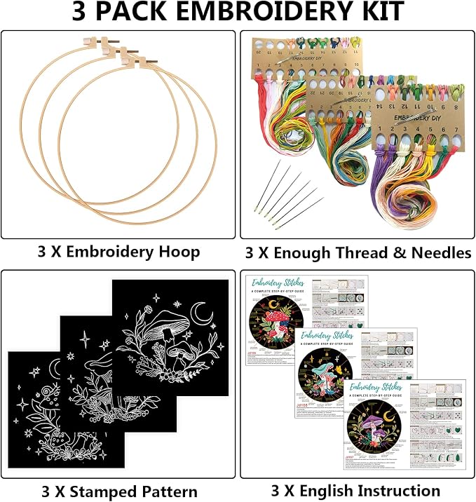 Nuberlic 3 Pack Embroidery Kit for Beginners, Mushroom Cross Stitch Kit