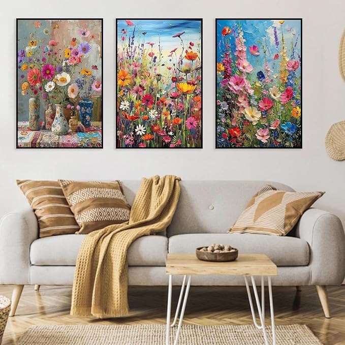 3 Pack Floral Framed Paint by Numbers for Adult with Wooden Easel 8x12 inch | Wildflowers Paint by Number on Canvas Oil Painting Kit with Brushes, Easy Adults' Paint-by-Number Kits for Home Wall Decor