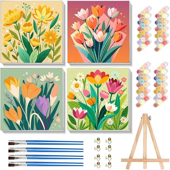 Sretoul 4 Pack Paint by Numbers Kit for Adults Framed Easel Flowers 8x8 in
