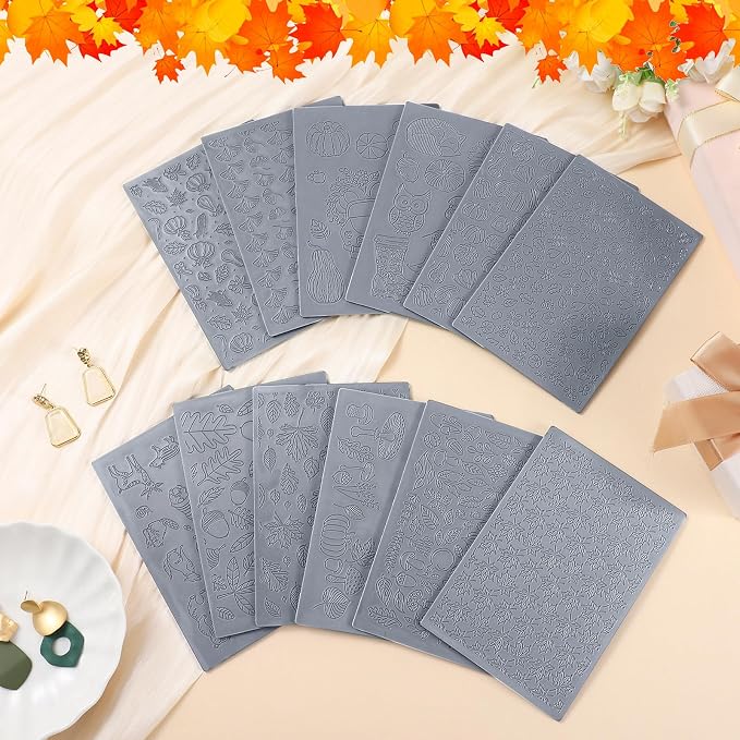 DoubleFill 12 Pcs Fall Polymer Clay Texture Sheets Set, Maple Leaves, Pumpkin Miniature Clay Molds Pine Cone Pattern Silicone Polymer Clay Molds for Fall Autumn Thanksgiving Jewelry Earrings Making