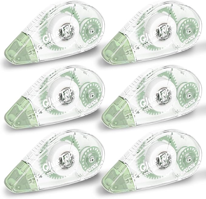 Gecork Double Sided Glue Tape Roller 156 ft Total, 6-Pack, Light Green | 0.3 in x 26 ft Quick-Dry Tape Runner, Strong Adhesive & Lasting Bond, For Scrapbooks, Journals, Office, School Arts & Crafts