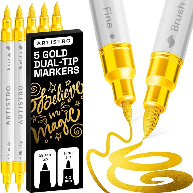 ARTISTRO 5 Gold Dual-Tip Acrylic Paint Marker Pens for Drawing | For Fabric, Rock, Glass, Wood, & Molds, Arts & Crafts Gift for Adults, Teens, & Kids, Classroom Must Haves & School Supplies