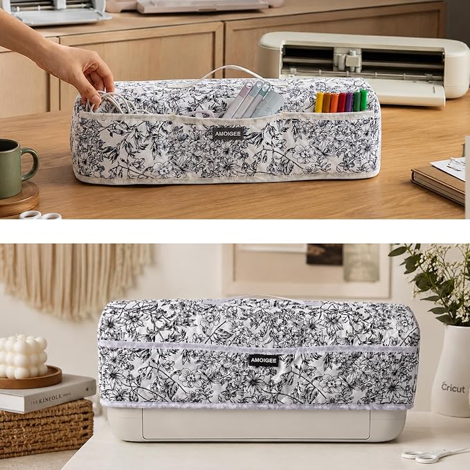 AMOIGEE Dust Cover for Latest Cutting Machine Cricuttt Explore 5, Quilted Protective Cover with Storage Pockets for Cutting Machine, Floral Fabric Anti-Dust Cover for Craft Machine Organizer