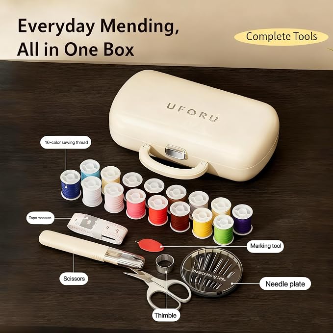 Reflygen Portable Sewing Tool Kit,Multi-Colored Thread Spools,DIY Sewing Accessories,Travel Repair Kit(Cream White)