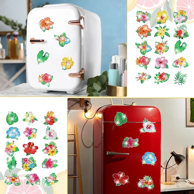 Remuuly 30 Pcs Hawaiian Diamond Painting Magnets Diamond Art Kits for Adult | Hibiscus Refrigerator Magnets, Tropical Flower 5D Rhinestone Fridge Magnetic Sticker, Diamond Club Gifts, Beginner DIY Crafts