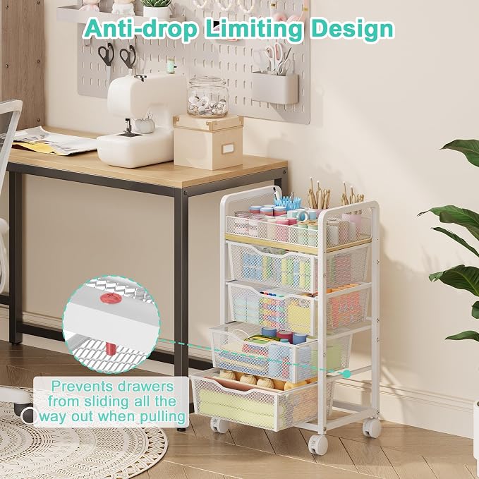 Hongtamoya Rolling Cart with 4 Drawers, Storage Cart with Dividers, White | Multifunctional Utility Cart, Storage Organizer with Lockable Wheels, Craft Art Trolley for Kitchen Office Classroom Bedroom