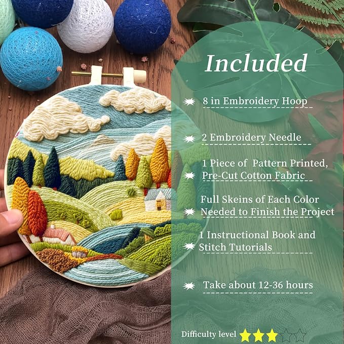 FONNUY Embroidery Kit for Beginners, Nature Hills Landscape Pre-Stamped Pattern Kits for Adults with Hoop, Easy to Follow Color Thread Needlework, 8'' Hoop (Scenic)