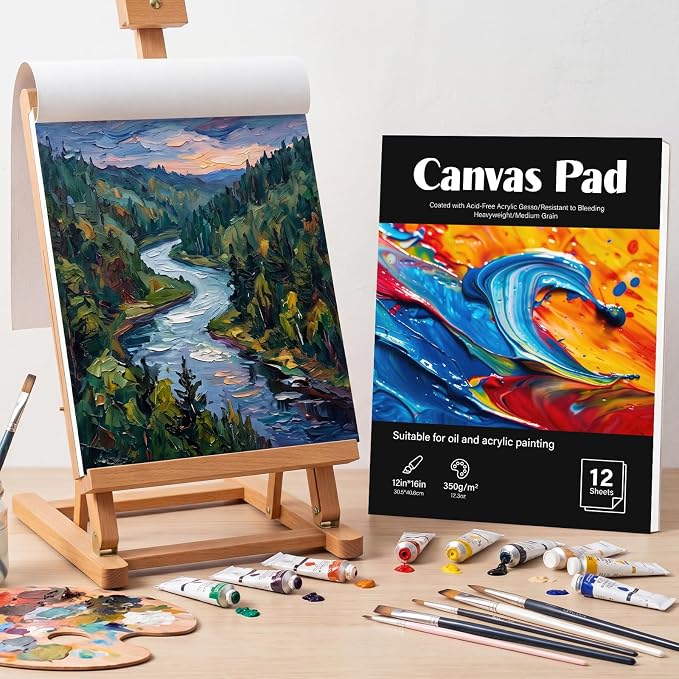 12 Sheets Canvas Paper Pad 12 x 16 in, 350 GSM, Glue Bound | Canvas-Textured Paper; Single-Sided Glue Binding; for Acrylic, Oil, Gouache & Markers; Portable for Studio Or Travel