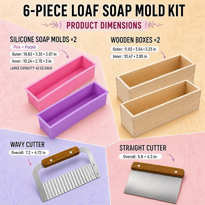 SJ 2-Pack 42 oz Soap Making Kit with Loaf Molds, Wooden Box & Cutters | Pink & Purple Silicone Loaf Molds, 2 Wooden Boxes, Straight & Wavy Cutters, Reusable, Perfect for DIY Gifts