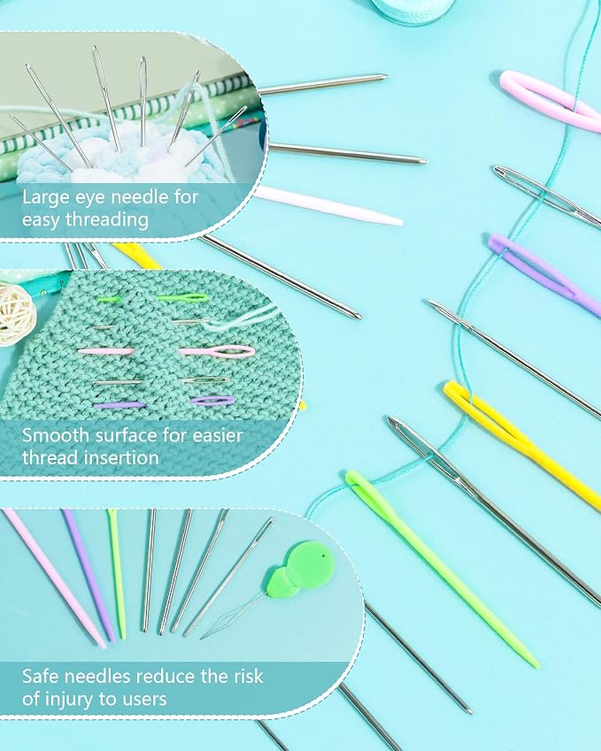 FIVEIZERO 55 PCS Yarn Needles Large Eye for Crochet, 8 Sizes Stainless Steel Yarn Needles & 3 Sizes Plastic Needles for Crochet, Darning, Weaving, and DIY Crafting with Threaders, Needlepoint Kits