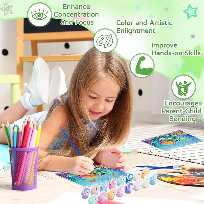 cviokrdu Turtles Paint by Numbers Kit for Kids with Frame - Wooden Easel, Sea Animals Paint by Numbers for Kids Ages 4 8 12, Easy Acrylic Oil Painting Kits for Home Wall Decoration 8x8 inch