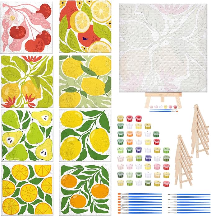 RoundFunny 8 Set Paint by Numbers Drawing Kit for Adults,Summer Fruit | 8x8 in. Mini Simple Painting Canvas Wooden Frame Easel Acrylic Paint Brush Funny Number Drawing Kit for Gift Wall Home Decor