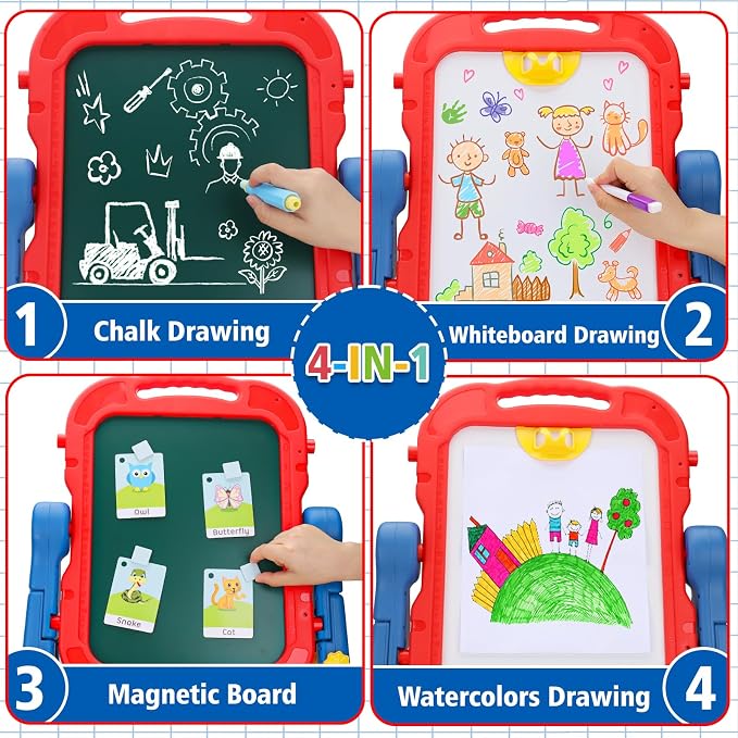 Kids Easel for Toddlers Age 3-4 Art Magnetic White Board & Chalkboard Double Side Adjustable Stand Art Easel Drawing Writing Learning Educational Toys for 3 4 5 Year Boys Girls Birthday Gifts