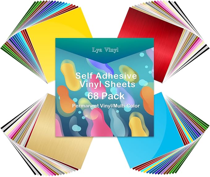 Lya Vinyl 68 Pack Permanent Vinyl, Self Adhesive Vinyl Sheets for Cutting Machine, Permanent Outdoor Sheets for Party Decoration, Sticker, DIY Mug, Car Decal