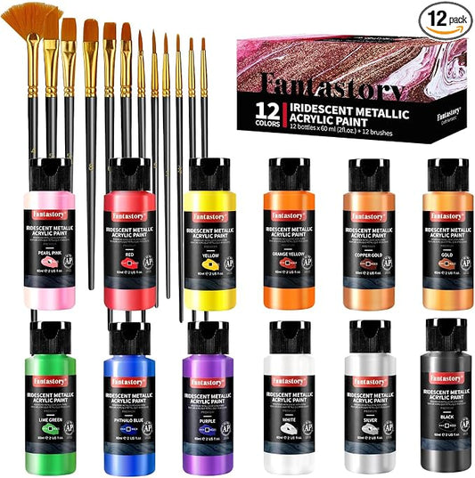 Fantastory 60ml 12 Colors Metallic Acrylic Paint Set with 12 Brushes | Balanced Series, Color-Shifting, Perfect for Metal, Canvas, Rock, Stone, Ceramic, Model, Wood Painting