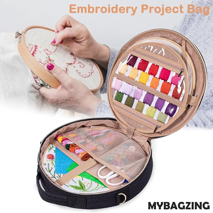 MYBAGZING | Round Embroidery Bag(Empty) - Embroidery Storage Bag -Cross Stitch Supplies Organizer with Multiple Pockets for Embroidery Kits, Cross Stitch Suppliers, Embroidery Floss (Bag Only)