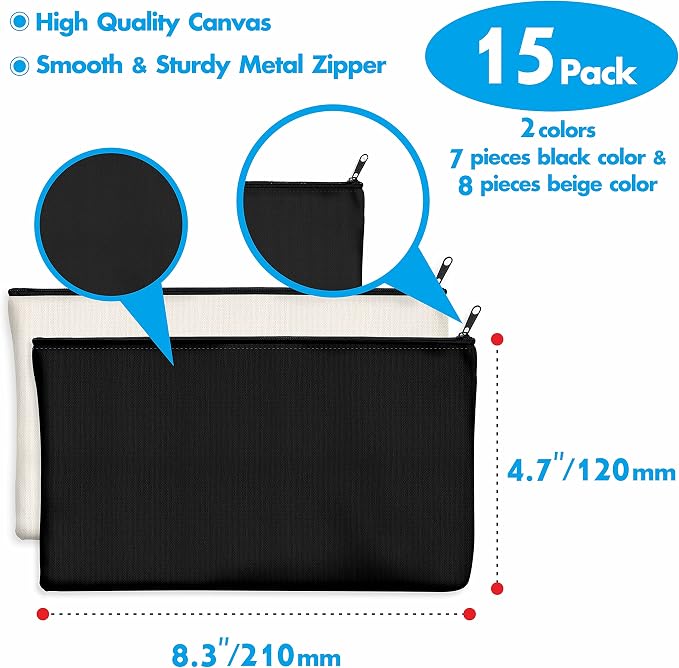 15 Pack Blank Cotton Canvas DIY Craft Zipper Bags Pouches Pencil Case for Makeup Cosmetic Toiletry Stationary Storage
