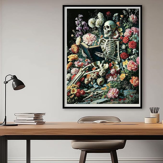 Gemozaic Gothic Paint by Numbers Kit for Adults - A Reading Book Skeleton | Halloween Skull Paint by Number for Adults, DIY Acrylic Numbers Painting for Home, Wall Decor, Gift, 16 x 20 INCH, No Frame