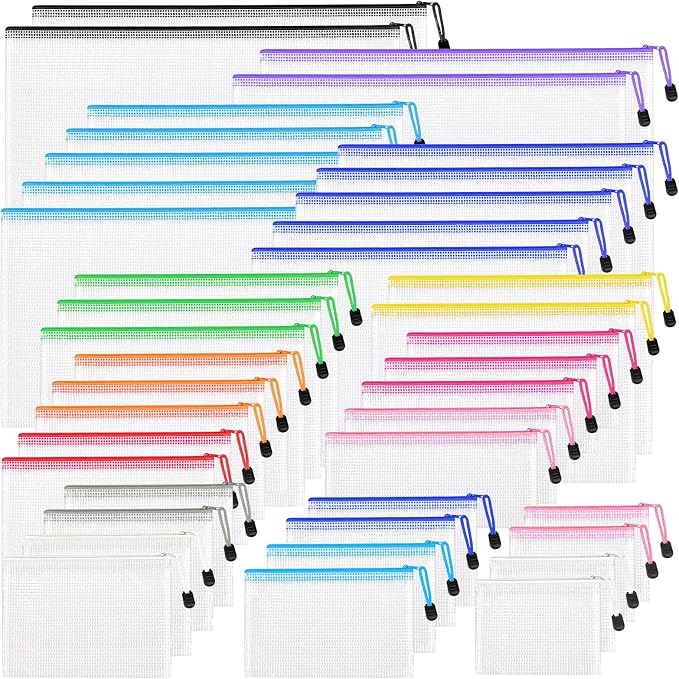PAPEJOON 42pcs Mesh Zipper Pouch Bags, 8 Sizes Plastic zippered Storage Bags for Organizing, Clear Pouches with Zipper, Waterproof Mesh Pouch for Office Supplies, Home Organize, Travel Storage