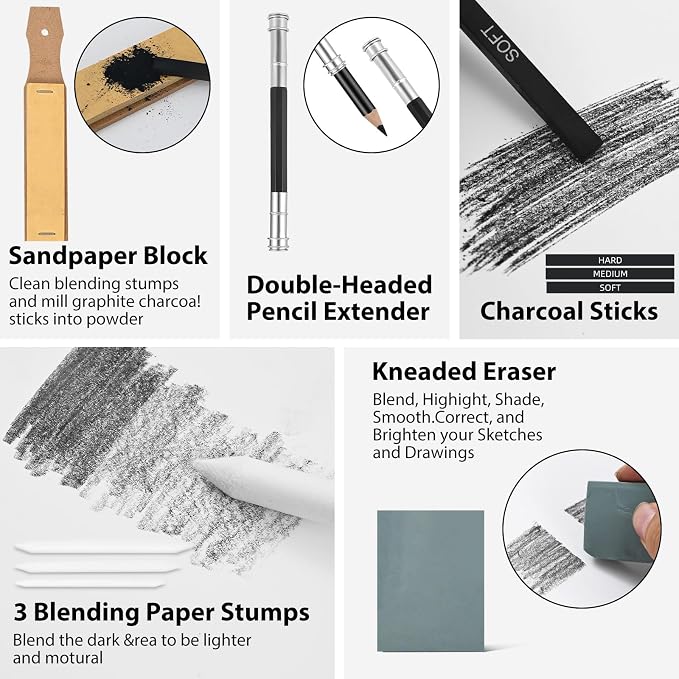 GETHPEN Drawing Sketching Pencil Set, 34 Piece, Graphite Pencils (14B-4H) | Art Pencil Kit with Black and White Colour Charcoal Pencils,Charcoal Sticks,Stumps,Eraser, Sharpeners,Sketch Set for Artists