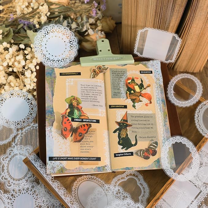PRSTINCOL 120 PCs Lace Scrapbook Stickers,Waterproof Cutout Transparent Sticker PET Transparent Lace Stickers for Scrapbooking DIY Decoration Making Notebook Frame Album Handmade