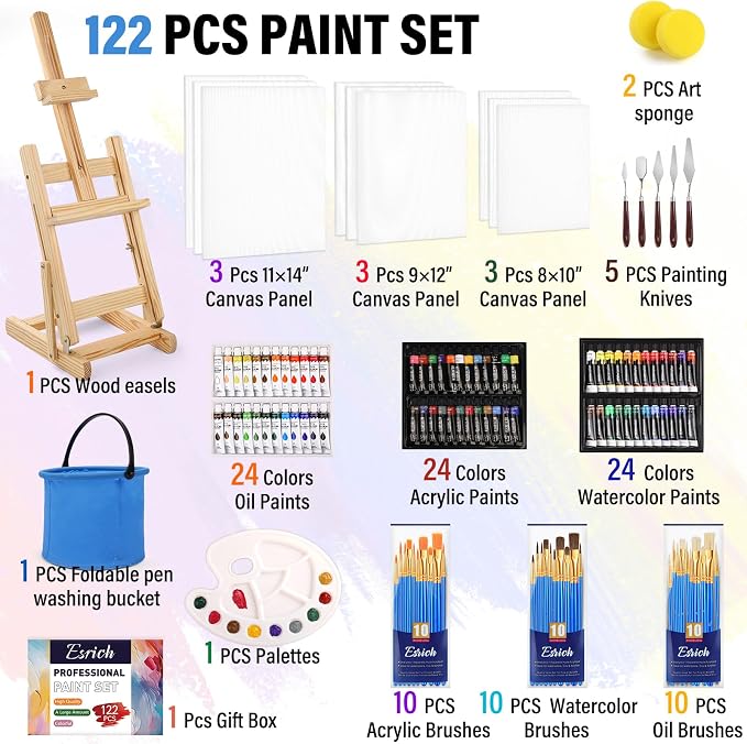 ESRICH 122PCS Acrylic Paint Set, Canvas Painting Kit with 72 Paints | Tabletop Wooden Easel, Oil, Watercolor & Acrylic Paint, Canvas, Brushes, Palettes, Painting Set for Kids Adults