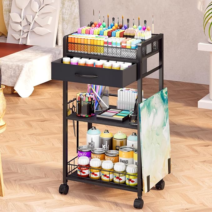 Homsorout 3 Tier Rolling Cart - Metal Utility Cart with Storage Drawer and Wheels, Versatile Art & Craft Organizer for Home, Office, or Studio Ideal for Storing Brushes, Paints, and Supplies Black