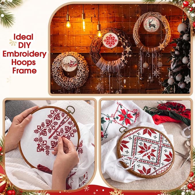 Burbell 15 Pcs Embroidery Hoops Round Wood Frame Cross Stitch,6 Inch | Small Display Frame Ornaments, Imitated Wood with Metal Hooks, DIY Crafts Sewing Hanging Gifts, Christmas Decor Supplies