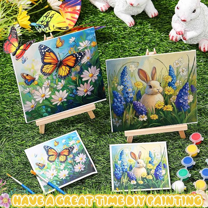 Tenceur 12 Sets Pre Drawn Canvas to Paint Adult Stretched Coloring Painting Canvas Panels with Design Easel and Brushes for Party Supplies Beginner Favor(Garden)
