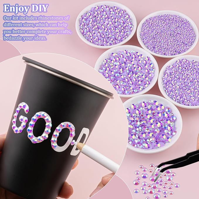 30000Pcs Resin Rhinestones for Bedazzling with Tweezers, Lavender Purple AB Rhinestones for Crafting with 3Pcs 10ml B7000 Jewelry Glue for DIY Crafts Clothing Tumblers Shoes Fabric Nail Art