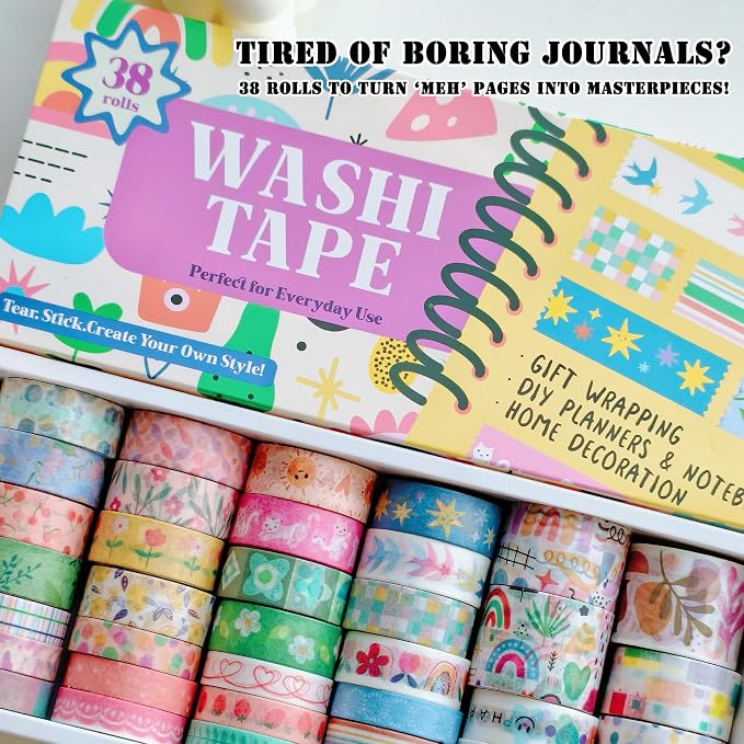 Washi Tape Set (38 Rolls) - Floral Scrapbooking Supplies Kit with Ephemera & Stickers for Junk Journal, Bible Study, Bullet Journaling Craft Projects