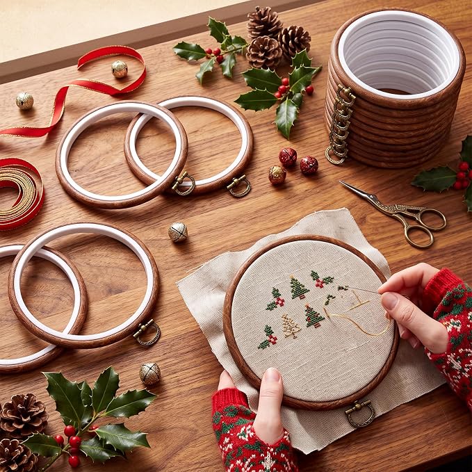 Burbell 5.1 Inch 12 Pcs Fall Round Embroidery Hoops Frame | Small Display Frame Ornaments, Imitated Wood with Metal Hooks, DIY Crafts Sewing Hanging Gifts, Christmas Decor Supplies