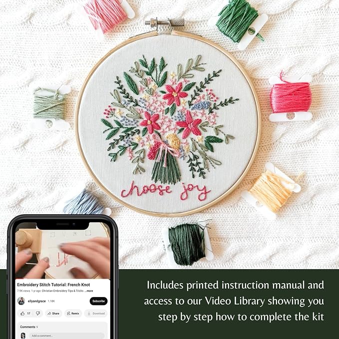 Elly & Grace Christian Embroidery Kit with Embroidery Hoop, Easy Embroidery Kit for Beginners and Adults, Full Embroidery Hoop Kit with Needles and Thread Included (Choose Joy)