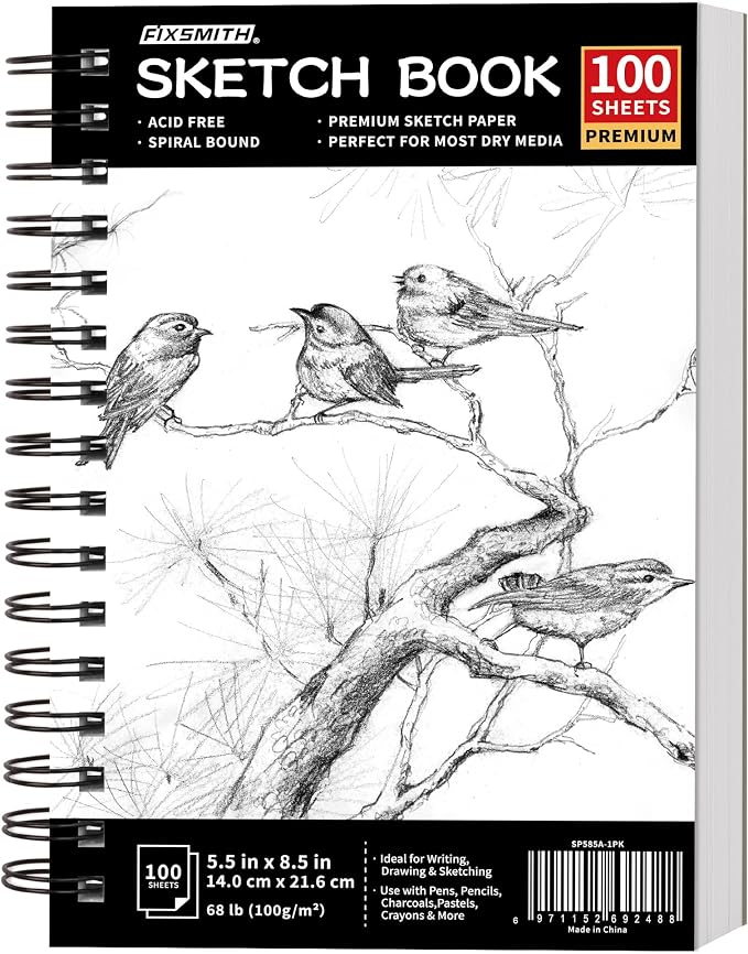 FIXSMITH 5.5"X8.5" Sketch Book,100 Sheets (68 lb/100gsm) Sketchbook | Acid Free Drawing Paper | Spiral Bound Artist Sketch Pad | for Kids, Beginners, Artists & Professionals | Bright White