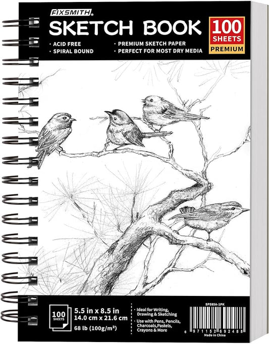 FIXSMITH 5.5"X8.5" Sketch Book,100 Sheets (68 lb/100gsm) Sketchbook | Acid Free Drawing Paper | Spiral Bound Artist Sketch Pad | for Kids, Beginners, Artists & Professionals | Bright White