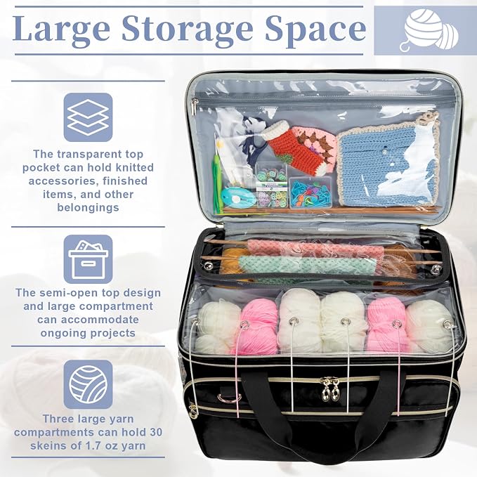 Anitor Large Crochet Bag Knitting Bag Yarn Storage Tote, Yarn Bag, Black