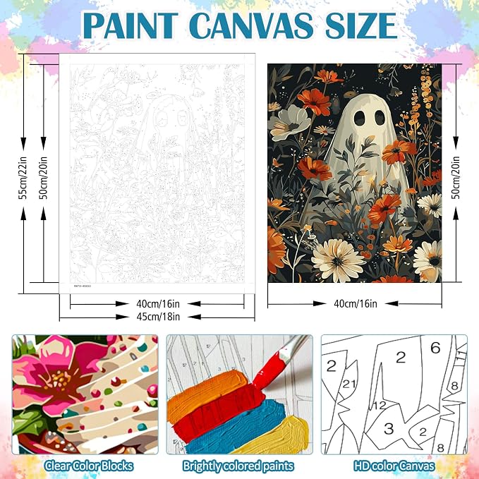 LKHMVCA Halloween Ghost Daisy Flower Paint by Number Kits for Adults, DIY Paint by Numbers Kits for Adults Beginners Without Frame, Acrylic Paint Canvas Painting Kits Art for Home Decor 16x20 Inch