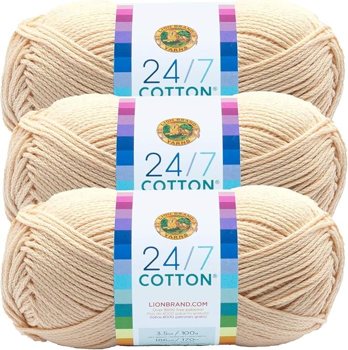 Lion Brand 24/7 Cotton Yarn, Yarn for Knitting, Crocheting, and Crafts, Ecru, Pack of 3