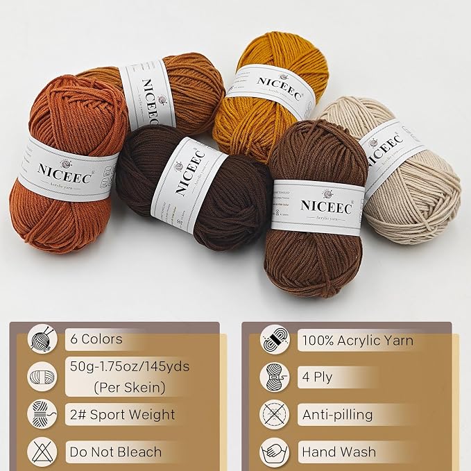 NICEEC 300g Soft Assorted Colors Yarn 100% Acrylic 870yds -Brown Series