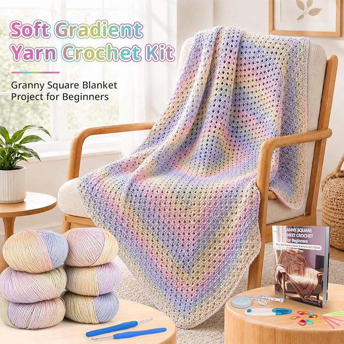 Coopay Crochet Kit for Beginners, Gradient Yarn Granny Square Blanket Kit