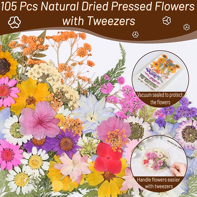Dried Pressed Flowers for Resin, Real Pressed Flowers Dry Leaves Bulk Natural Herbs Kit for Scrapbooking DIY Art Crafts Epoxy Resin Jewelry Mold Candle Soap Making Nails Décor (Natrual Floral Leaves)