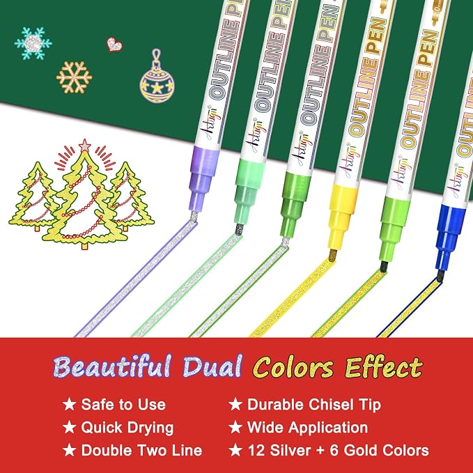 Artugn Double Line Markers, 18 Metallic Outline Pens, Silver & Gold | 18 metallic double line markers with 12 silver and 6 gold pens for cards, journals, crafts and DIY art