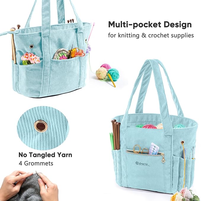 MYBAGZING Corduroy Crochet Bag 11.5" Large Yarn Storage Tote with Grommets, Needle Holders – Knitting Bag Organizer for Crochet Hooks, Accessories, Tools & Projects –Gift for Knitters & Crafters