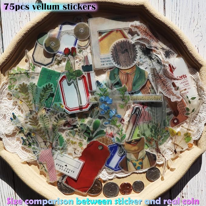 CATaireen Vintage Junk Journal Ephemera Scrapbooking Supplies Translucent Vellum Paper Stickers Card Making Decal Art Aesthetic for Adults (Ephemera Botanical)